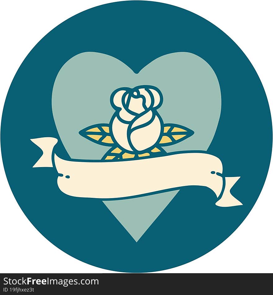 tattoo style icon of a heart rose and banner