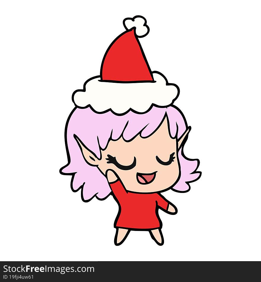 happy hand drawn line drawing of a elf girl wearing santa hat. happy hand drawn line drawing of a elf girl wearing santa hat