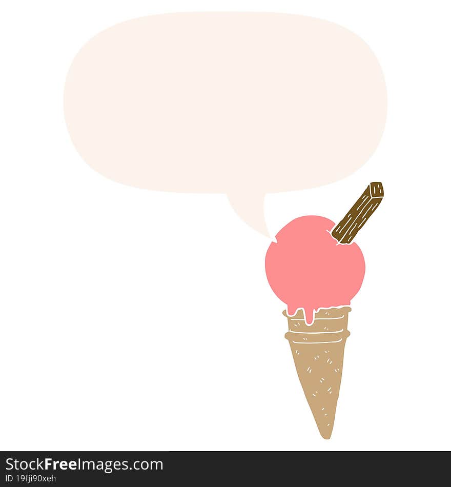 Cartoon Ice Cream And Speech Bubble In Retro Style