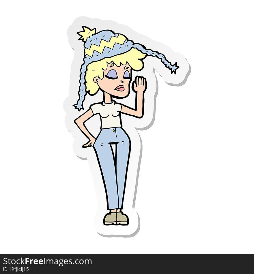 sticker of a cartoon woman wearing winter hat