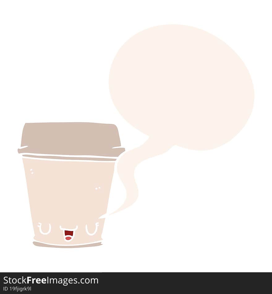 cartoon coffee cup with speech bubble in retro style