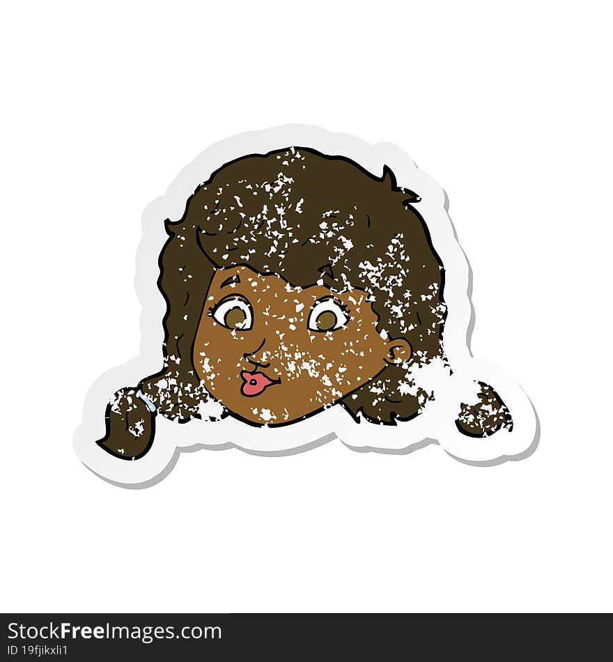 retro distressed sticker of a cartoon pretty female face