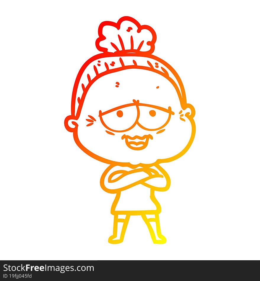 warm gradient line drawing of a cartoon happy old lady