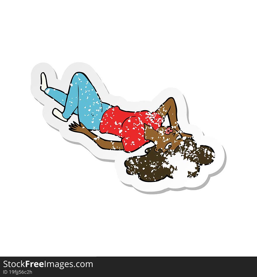 Retro Distressed Sticker Of A Cartoon Woman Lying On Floor