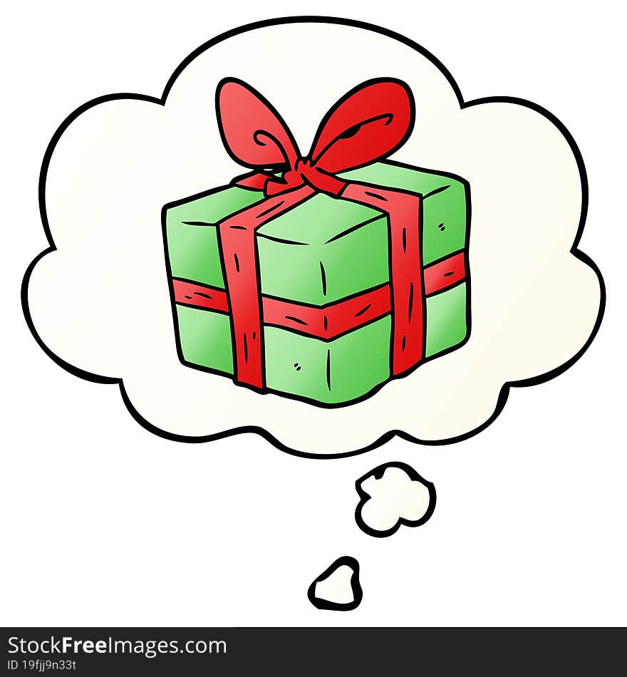 Cartoon Wrapped Gift And Thought Bubble In Smooth Gradient Style