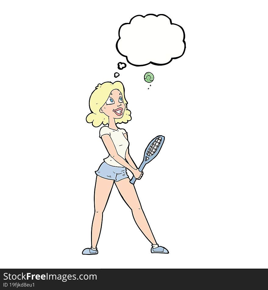 Cartoon Woman Playing Tennis With Thought Bubble