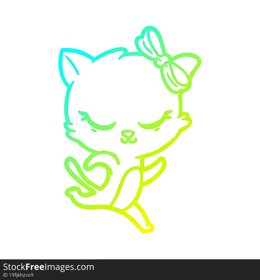 cold gradient line drawing of a cute cartoon cat with bow running