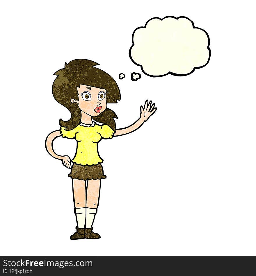 cartoon pretty woman waving for attention with thought bubble