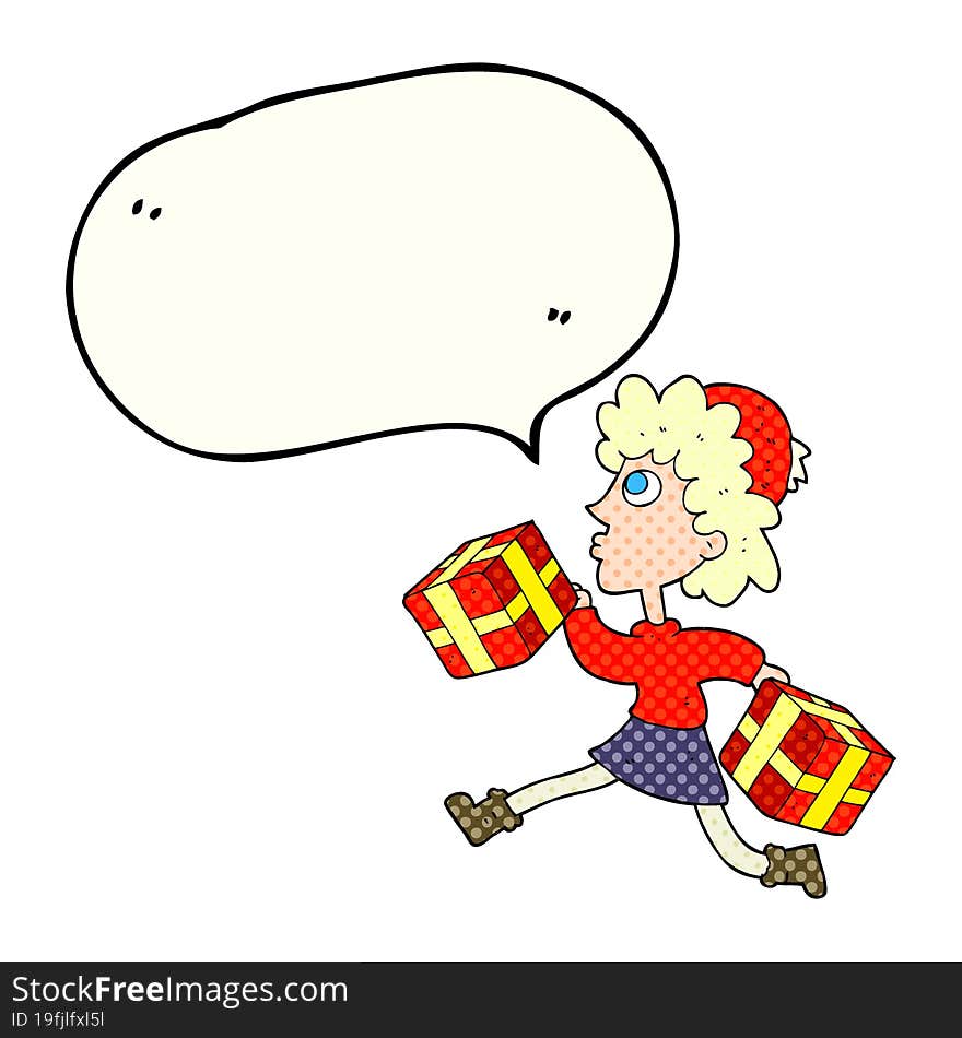 comic book speech bubble cartoon running woman with presents