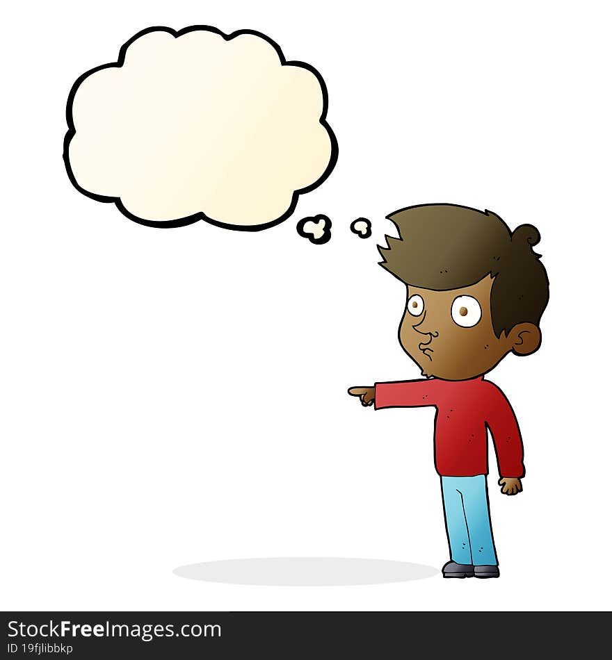 cartoon pointing boy with thought bubble