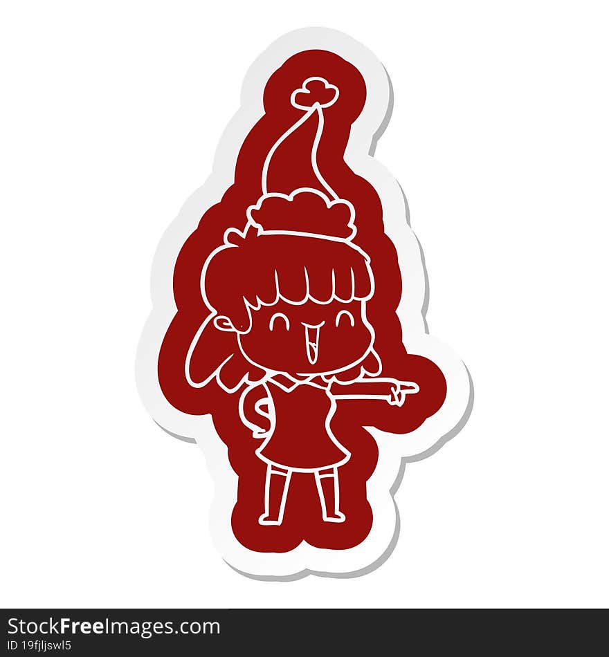 Cartoon  Sticker Of A Happy Girl Wearing Santa Hat