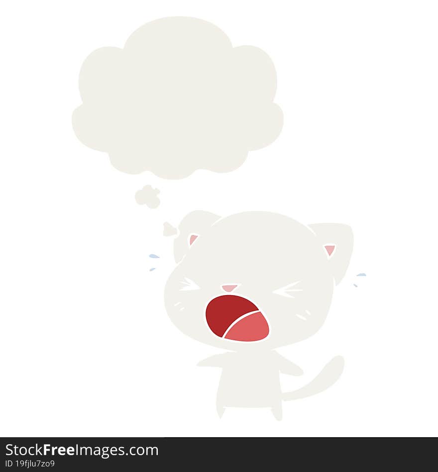 cartoon cat crying and thought bubble in retro style