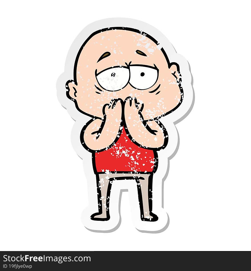 distressed sticker of a cartoon tired bald man