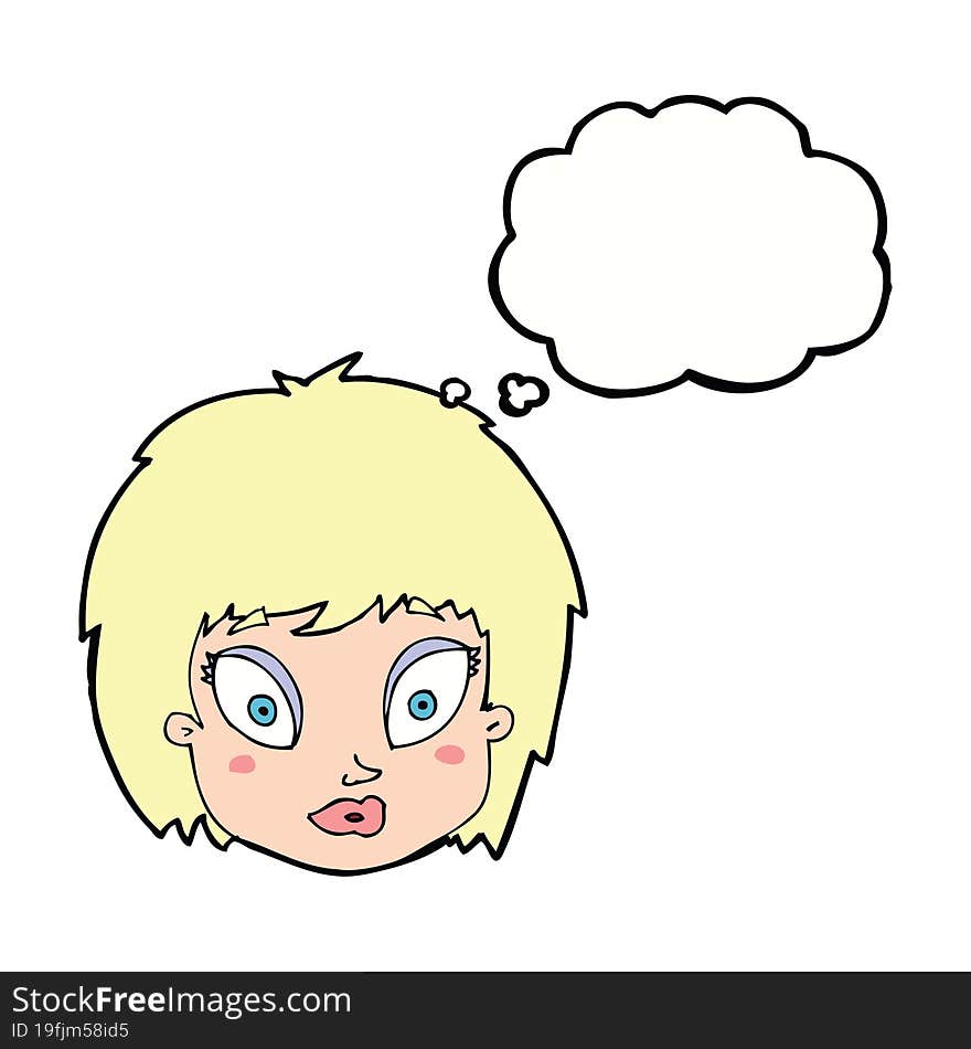 cartoon surprised female face with thought bubble