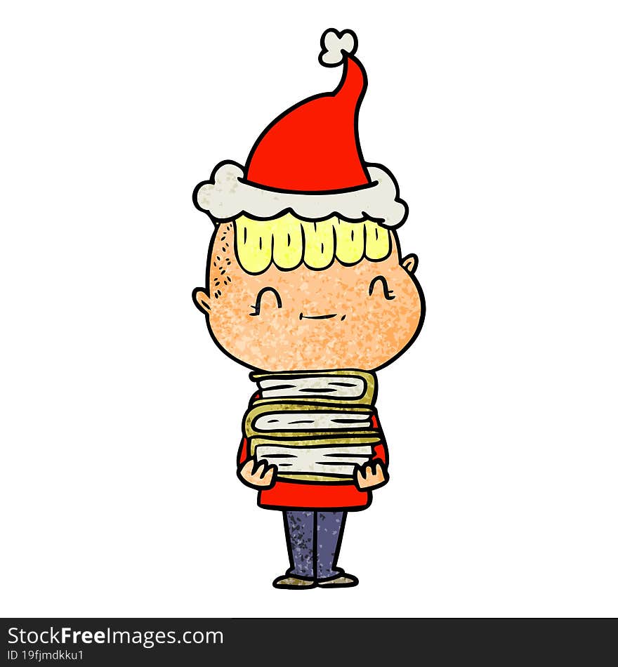 Textured Cartoon Of A Friendly Boy With Books Wearing Santa Hat