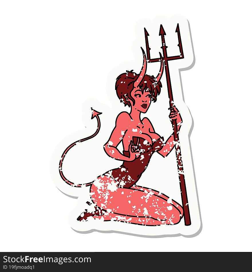 distressed sticker tattoo of a pinup devil girl