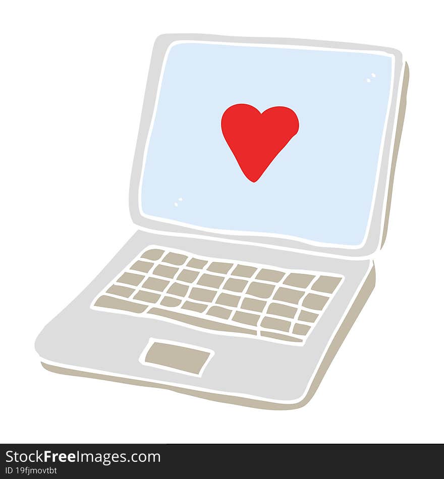 flat color illustration of a cartoon laptop computer with heart symbol on screen