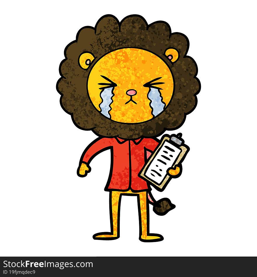 cartoon crying lion with clipboard. cartoon crying lion with clipboard