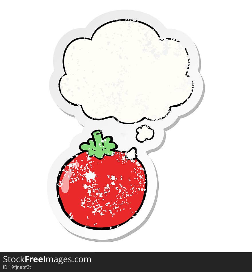 cartoon tomato and thought bubble as a distressed worn sticker