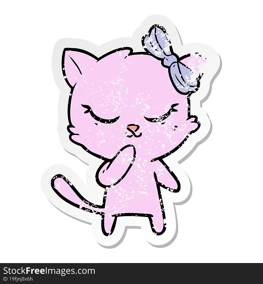 distressed sticker of a cute cartoon cat with bow