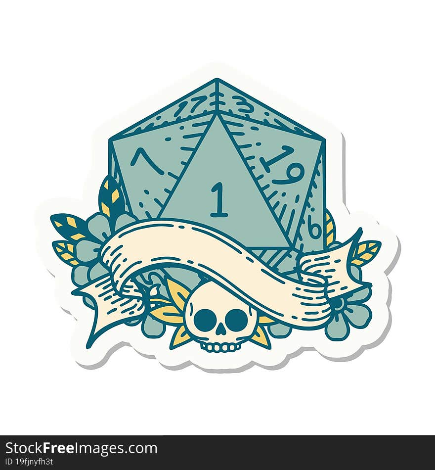 sticker of a natural one d20 dice roll. sticker of a natural one d20 dice roll