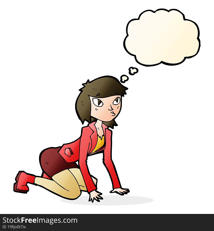 cartoon woman on hands and knees with thought bubble