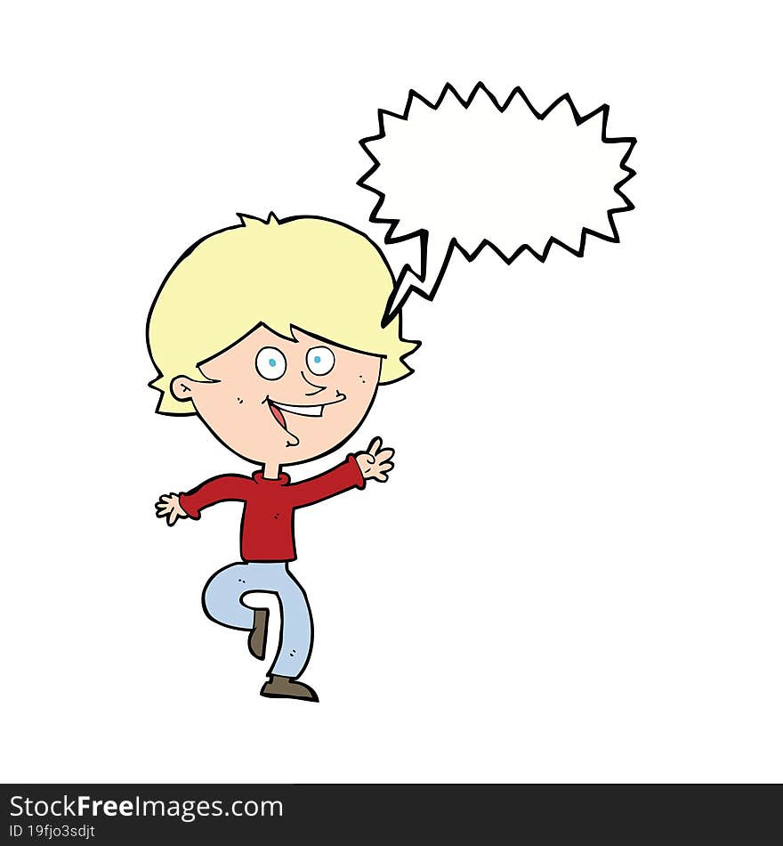 cartoon happy waving boy with speech bubble