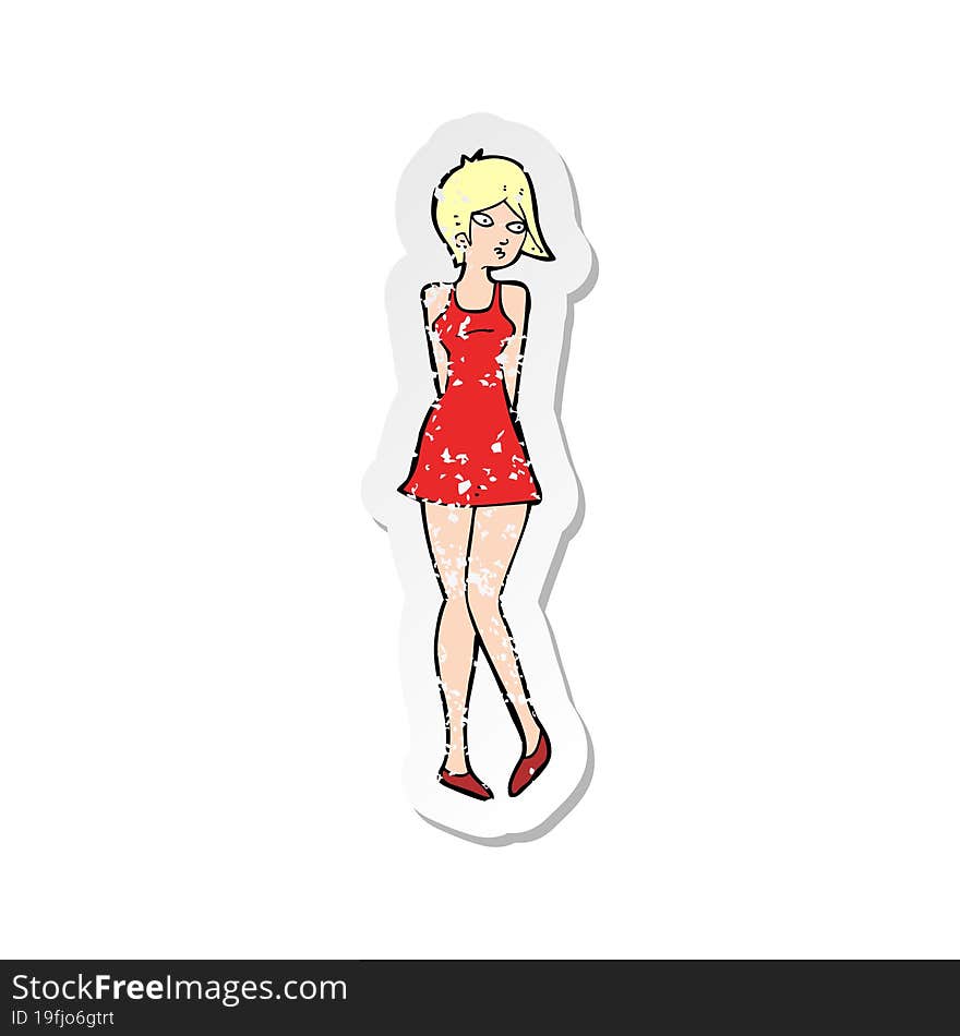 retro distressed sticker of a cartoon pretty woman in dress