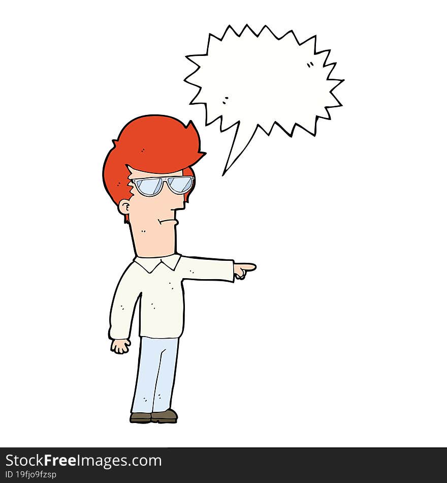 cartoon man in glasses pointing with speech bubble