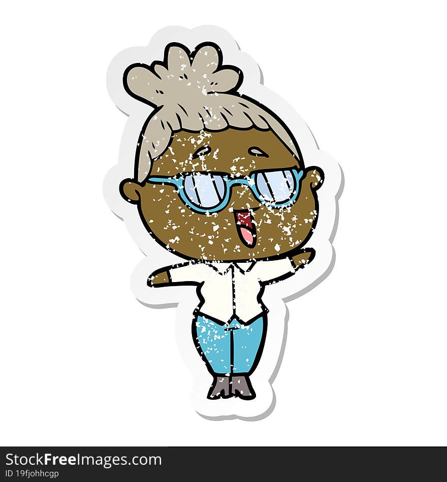 distressed sticker of a cartoon happy woman wearing spectacles