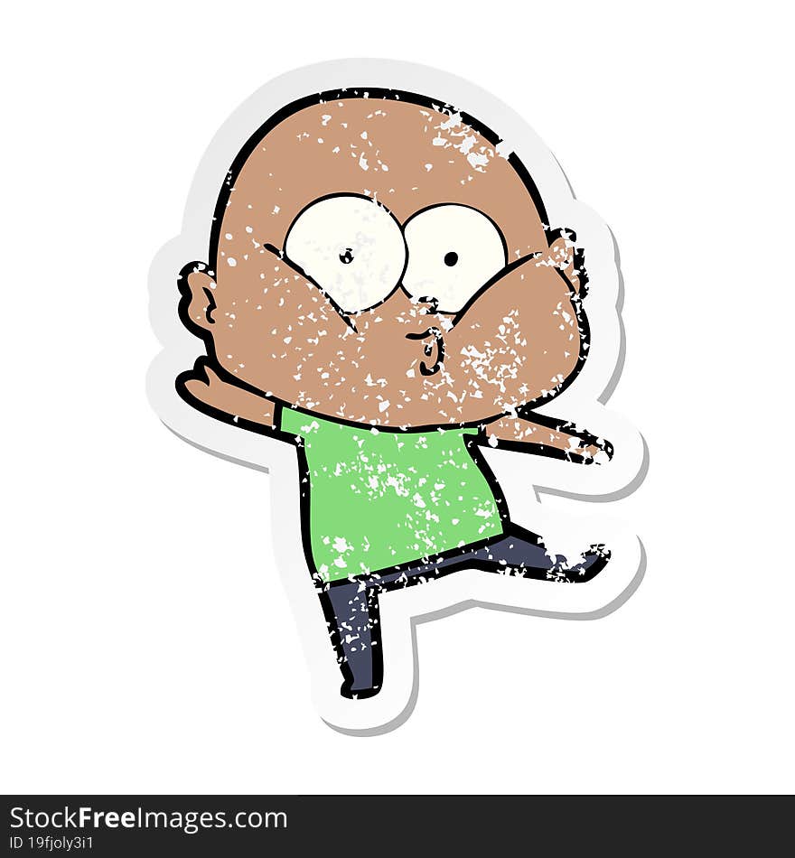 distressed sticker of a cartoon bald man staring