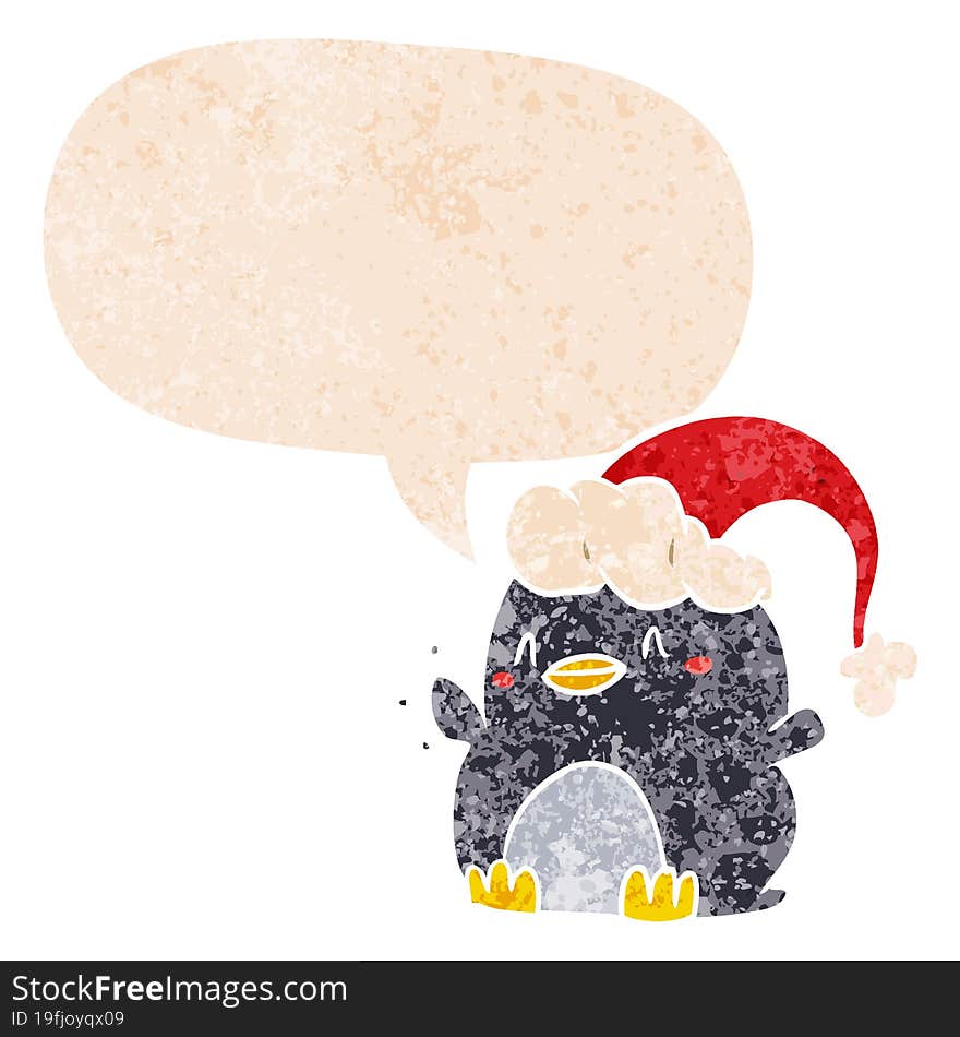 cartoon penguin wearing christmas hat and speech bubble in retro textured style