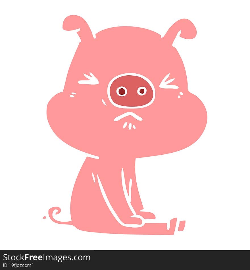 flat color style cartoon angry pig sat waiting