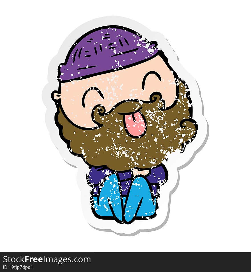 distressed sticker of a man with beard sticking out tongue