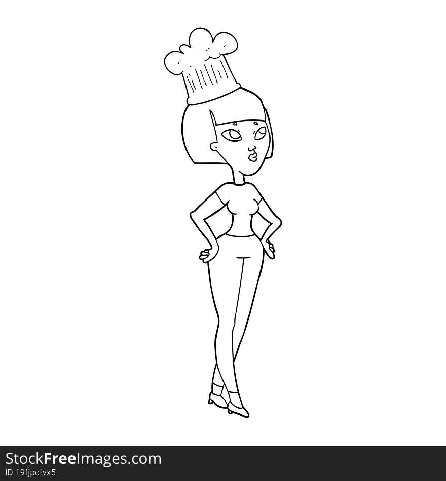 freehand drawn black and white cartoon female chef. freehand drawn black and white cartoon female chef