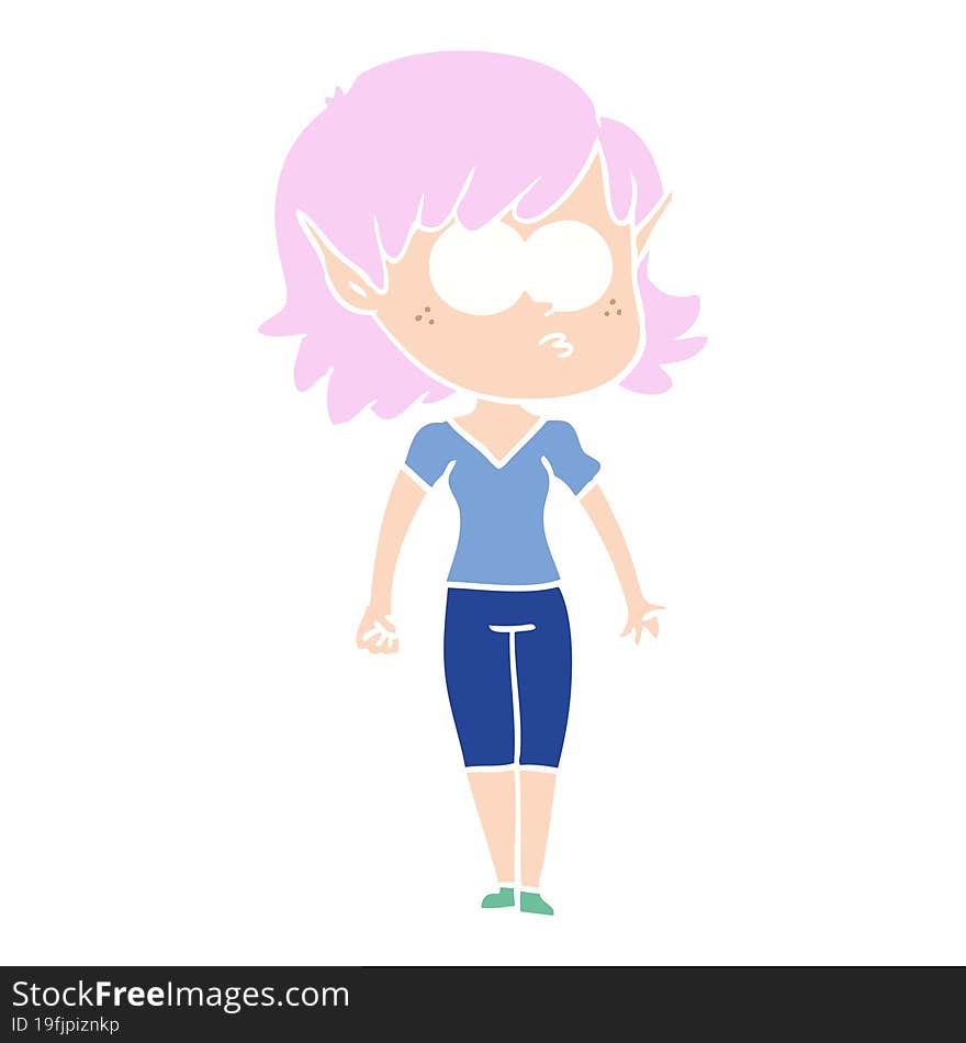 Flat Color Style Cartoon Elf Girl Staring