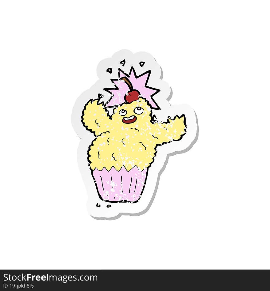 retro distressed sticker of a cartoon cupcake monster