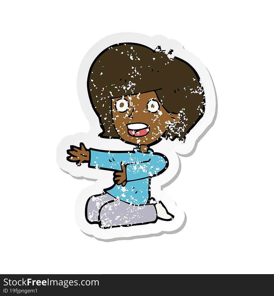 retro distressed sticker of a cartoon shocked woman on knees