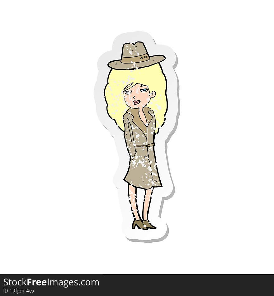 retro distressed sticker of a cartoon female spy