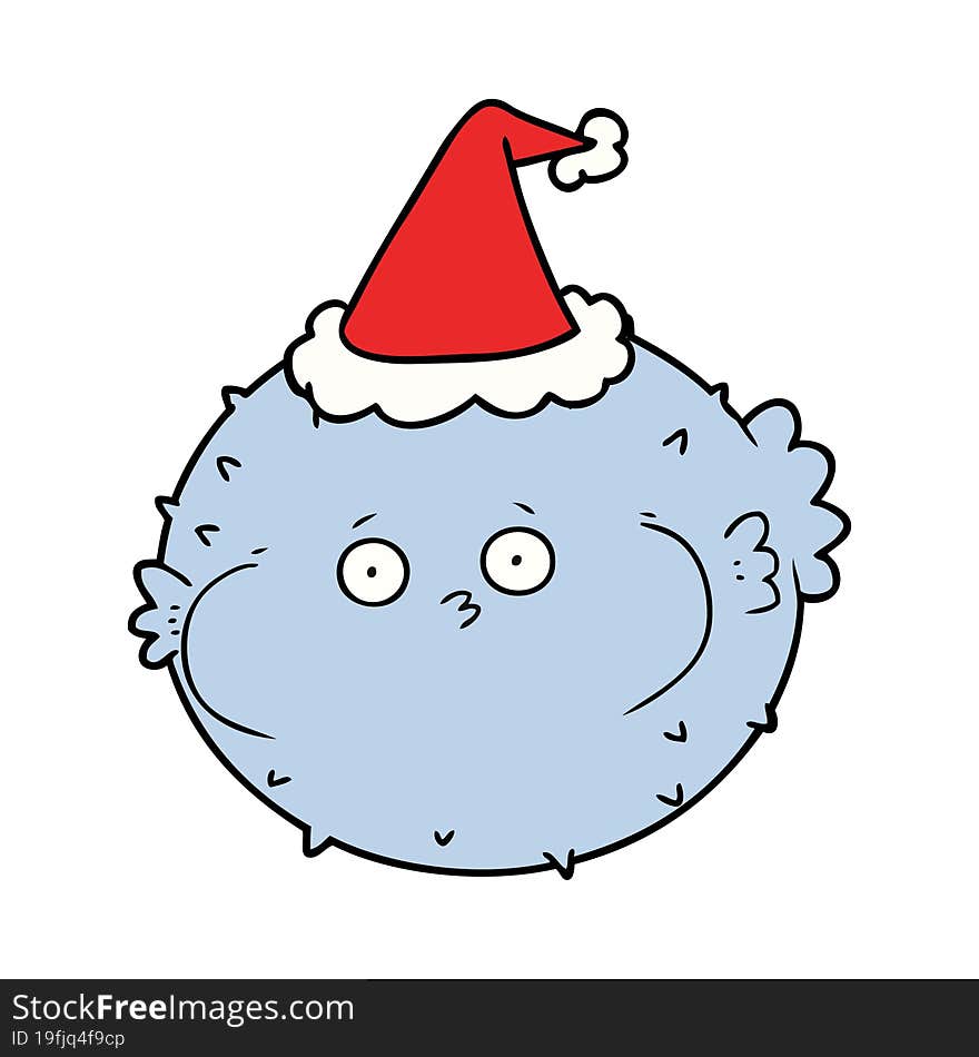 line drawing of a puffer fish wearing santa hat