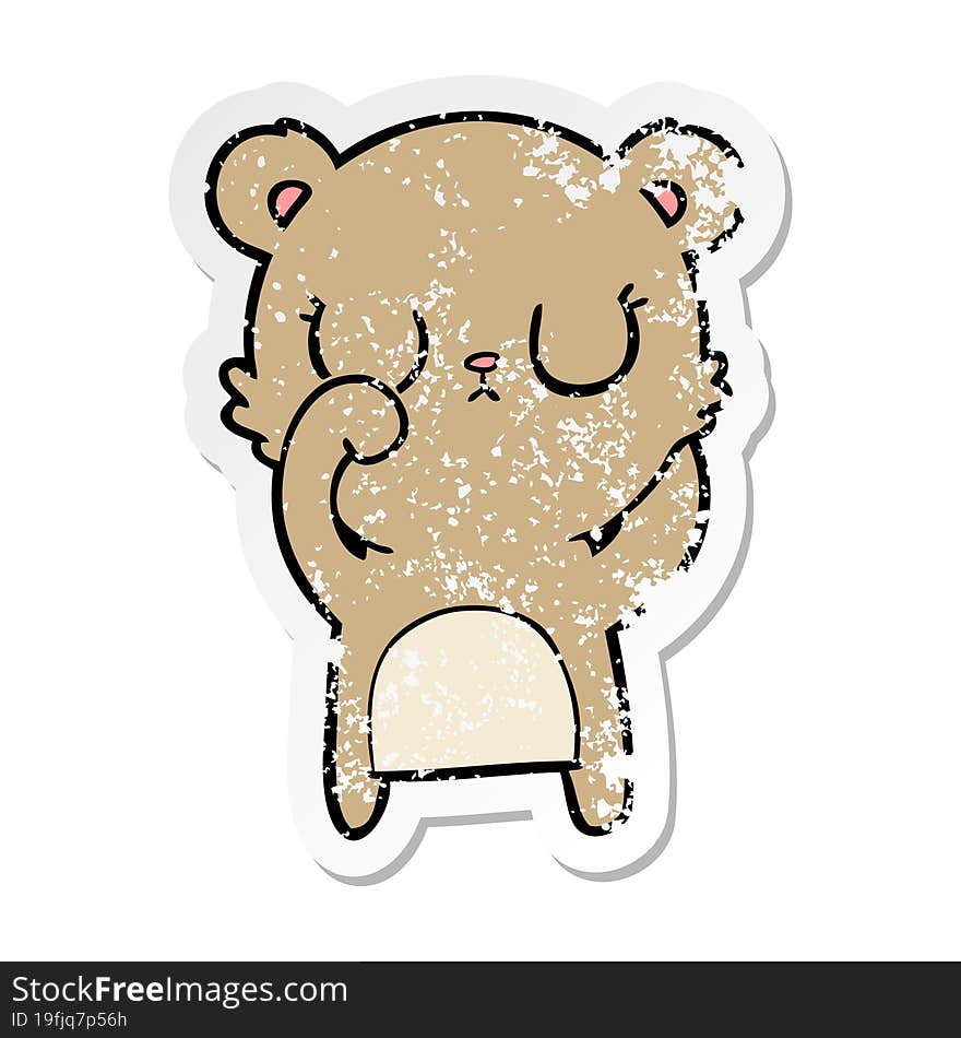 distressed sticker of a peaceful cartoon bear