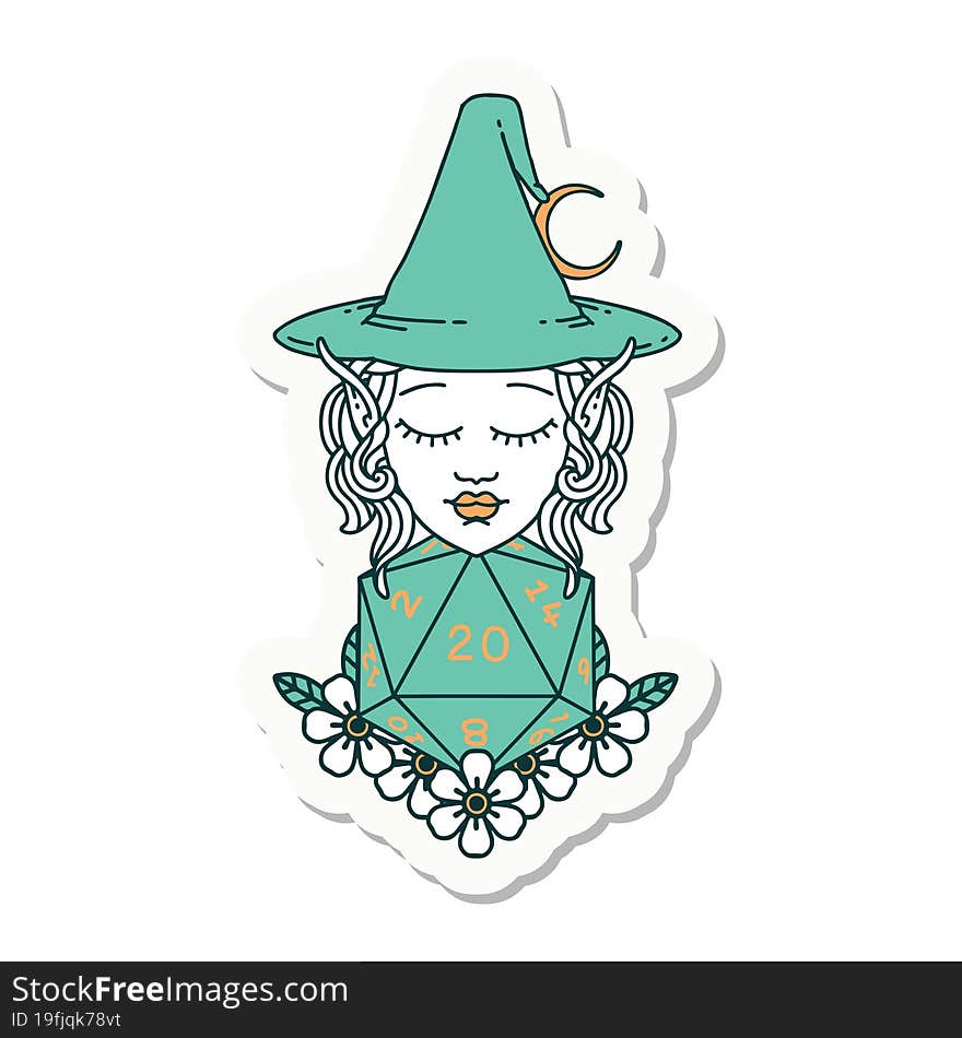 Elf Mage Character With Natural Twenty Dice Roll Sticker