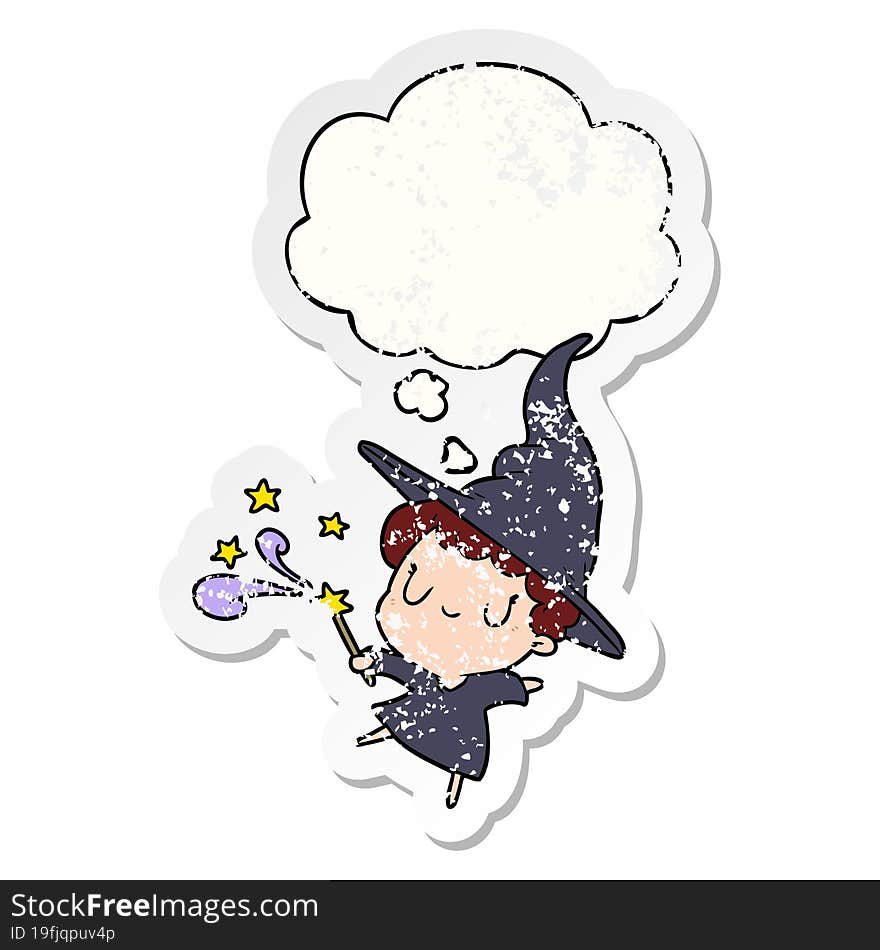 cartoon witch with thought bubble as a distressed worn sticker