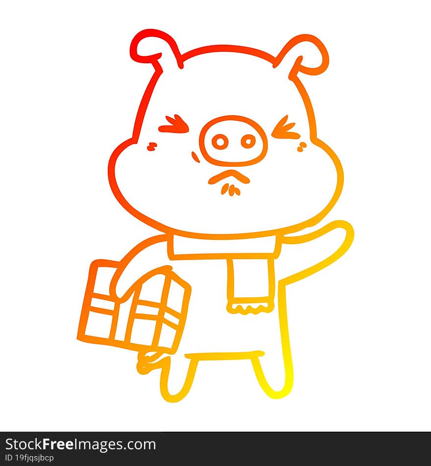 Warm Gradient Line Drawing Cartoon Angry Pig With Christmas Present