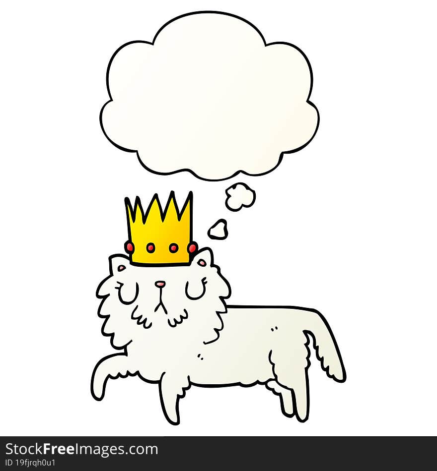 cartoon cat wearing crown with thought bubble in smooth gradient style