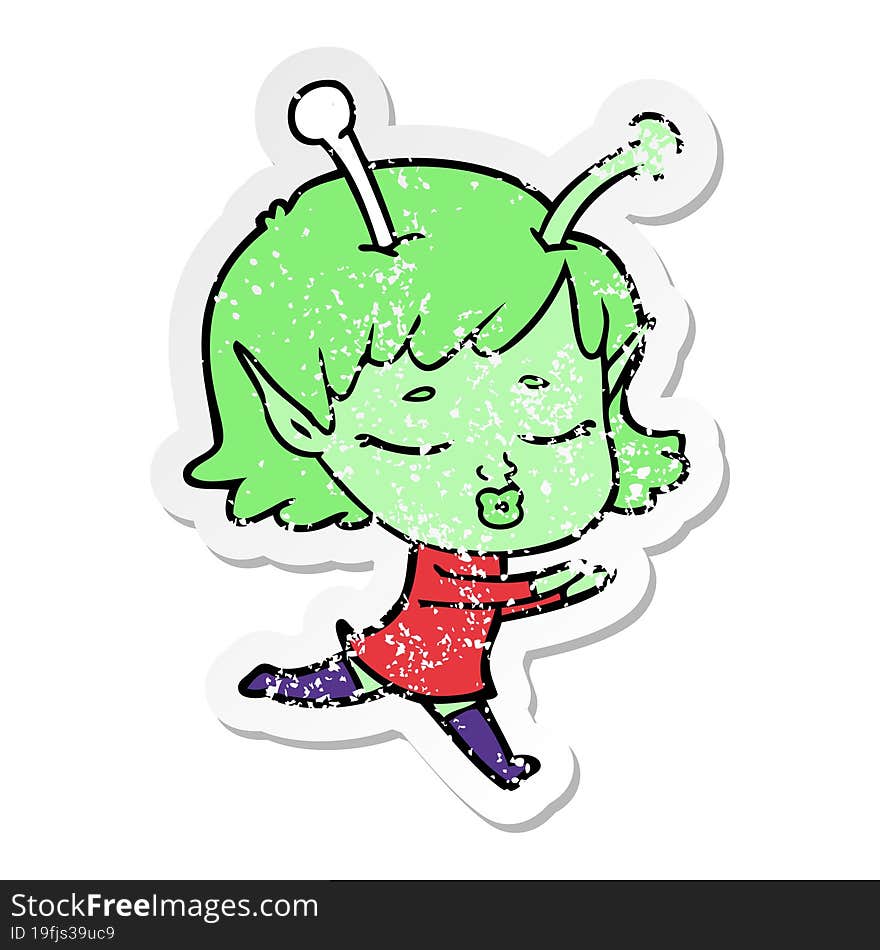 distressed sticker of a cartoon alien girl