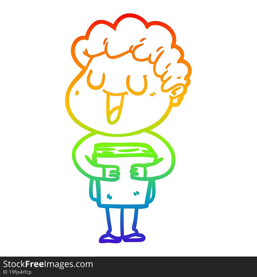 Rainbow Gradient Line Drawing Laughing Cartoon Man With Book