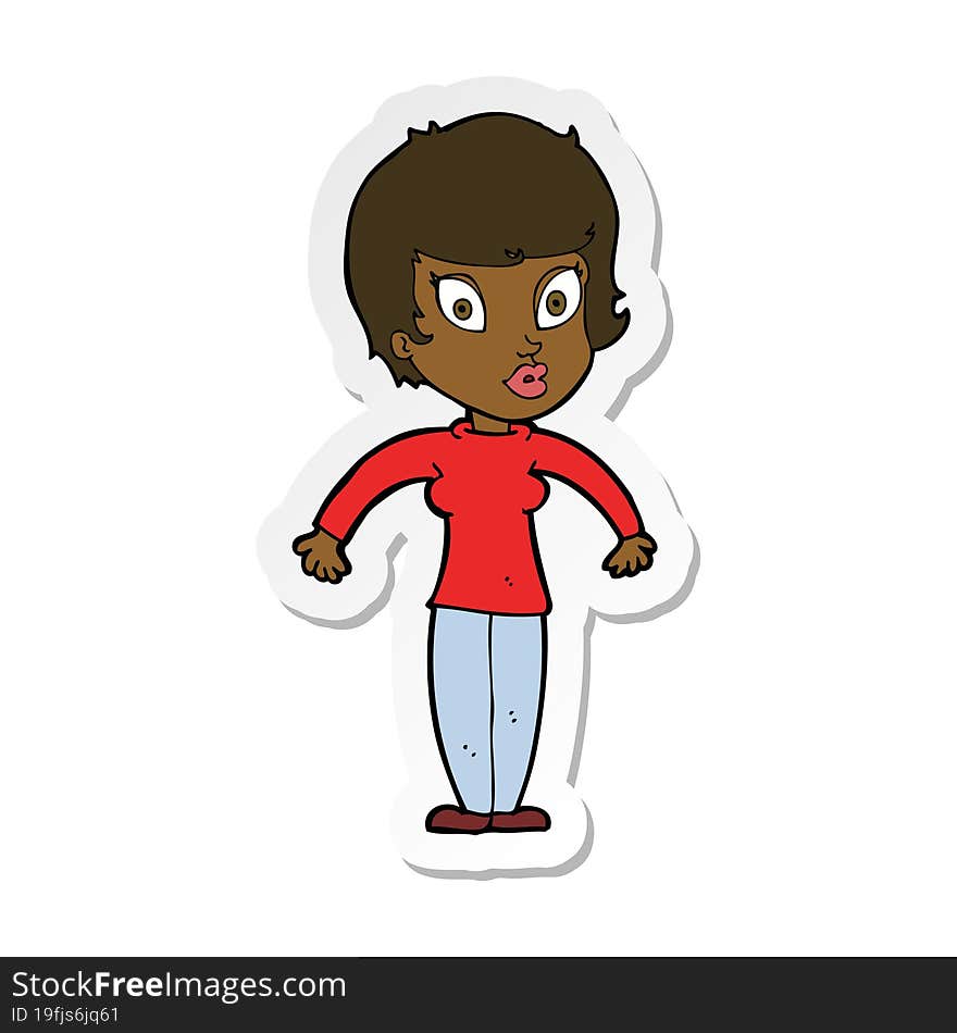 sticker of a cartoon woman shrugging shoulders