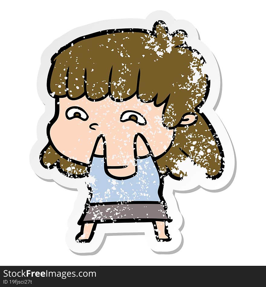 distressed sticker of a cartoon worried woman