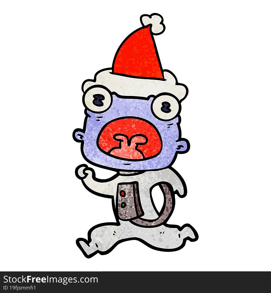 hand drawn textured cartoon of a weird alien running away wearing santa hat